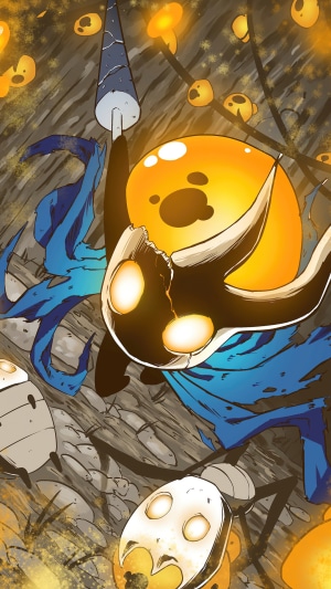 The Knight from Hollow Knight with a large orange enemy
