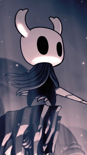 The Knight from Hollow Knight standing on a cliff