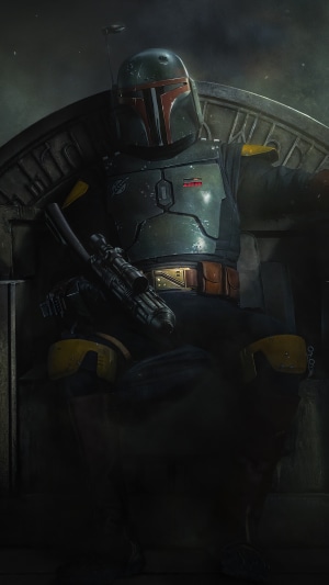 Boba Fett from Star Wars sitting on a throne