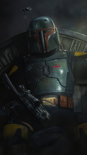 Boba Fett from Star Wars sitting on a throne