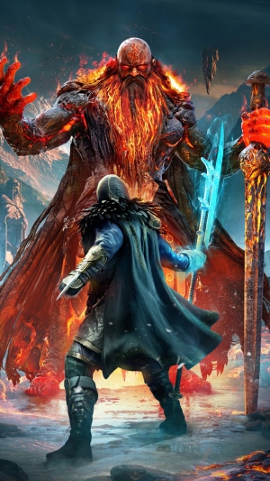 Odin from Assassin's Creed Valhalla Dawn of Ragnarok fights Surtr