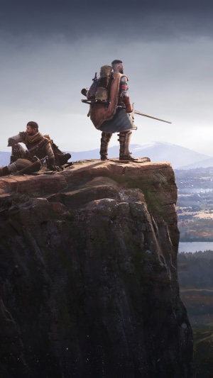 Two warriors on a cliff edge in Wartales