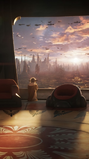 Master Yoda from Star Wars looking at Coruscant