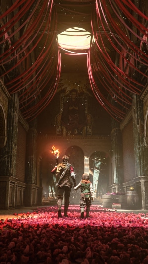 A Plague Tale Requiem: Amicia and Hugo in a rose-covered hall