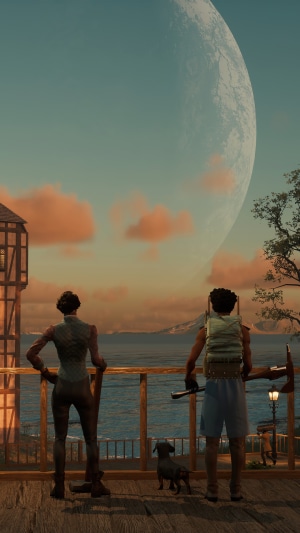 Nightingale video game characters on a balcony