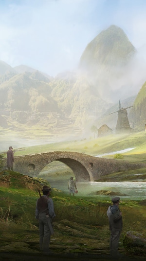 People by a stone bridge in a misty mountain landscape