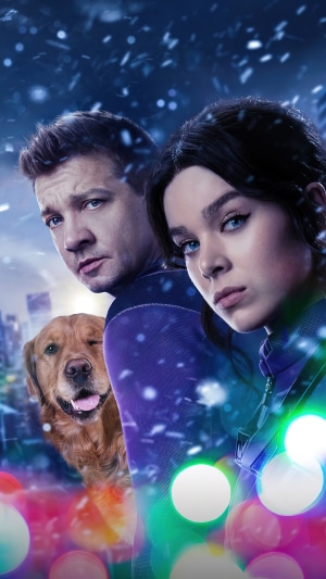 Hawkeye Clint Barton and Kate Bishop with Lucky