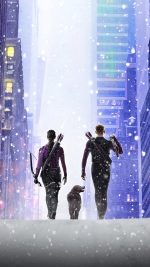 Hawkeye and Kate Bishop with Lucky in the Snow