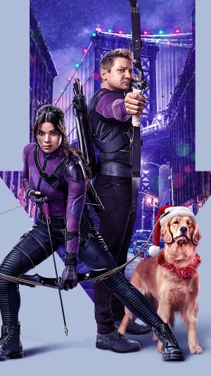 Hawkeye Clint Barton and Kate Bishop with Dog