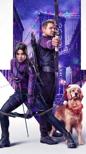 Hawkeye Clint Barton and Kate Bishop with Dog