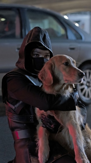 Kate Bishop from Hawkeye holding a dog