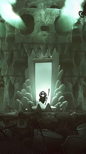 Death from Have a Nice Death in a skull-shaped entrance
