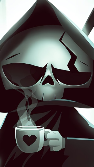 Grim Reaper holding a coffee mug from Have a Nice Death