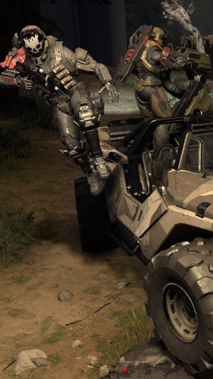 Halo Infinite Spartan soldiers in a Warthog vehicle