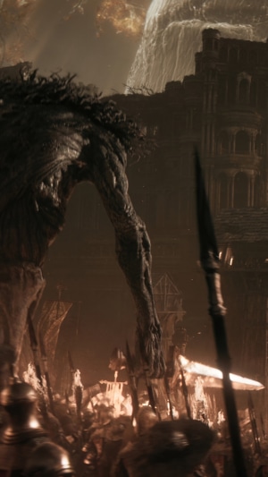 Elden Ring creature in a castle with soldiers