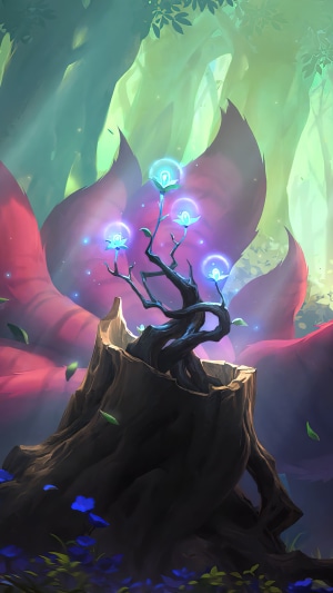 Magical glowing plants growing from a tree stump in a forest