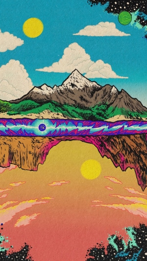 Surreal landscape with mountains and reflection