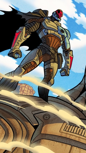 Fortnite character in armored suit with cape