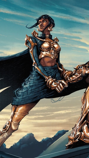 Woman in golden armor from Fortnite