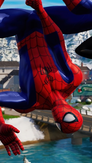 Spider-Man from Fortnite hanging upside down
