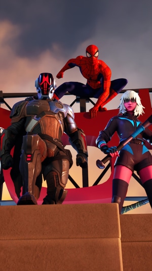 Spider-Man and armored characters from Fortnite