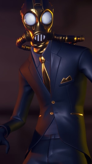 Fortnite character in a suit and gas mask