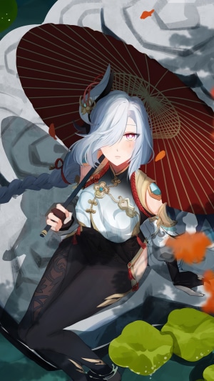 Shenhe from Genshin Impact holding an umbrella