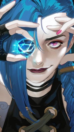 Jinx from Arcane holding a Hextech crystal