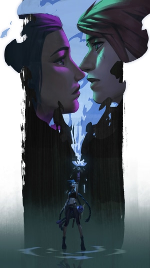 Jinx and faces of Vi and Powder from Arcane