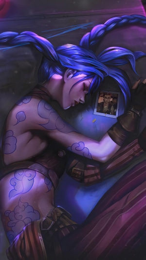 Jinx from Arcane sleeping with a photo