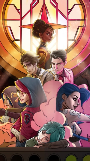 Arcane characters including Vi, Jinx, Caitlyn, Jayce, Viktor, and Mel