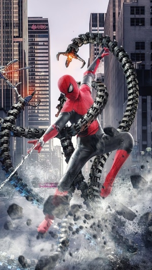Spider-Man fighting Doctor Octopus's tentacles in a city
