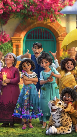 Encanto characters in front of a house