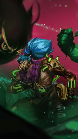 Character from League of Legends with gas mask and blue hair