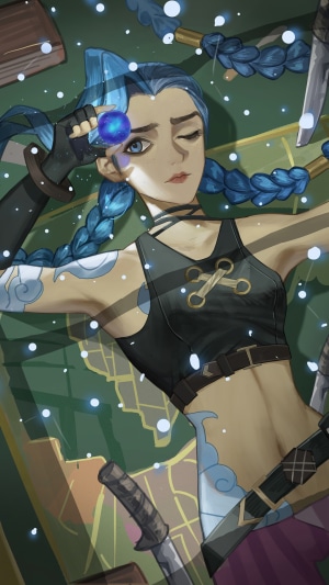 Jinx from Arcane holding a Hextech Gemstone