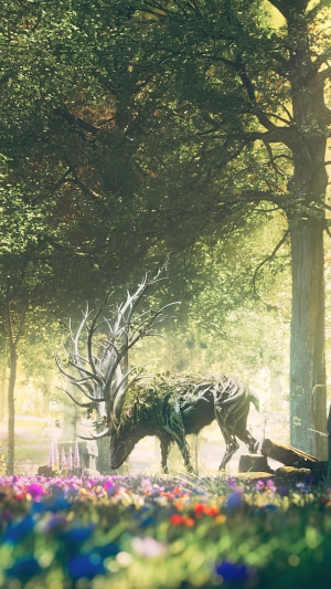 Deer with antlers made of branches in a forest