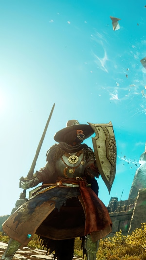 New World video game character with sword and shield