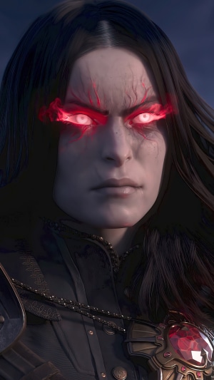 Character with glowing red eyes from New World