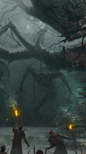 Monster in a dark forest from New World video game