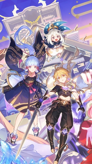 Ayaka, Aether, and Paimon from Genshin Impact