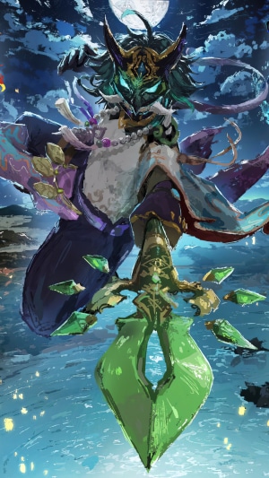 Xiao from Genshin Impact with a sword