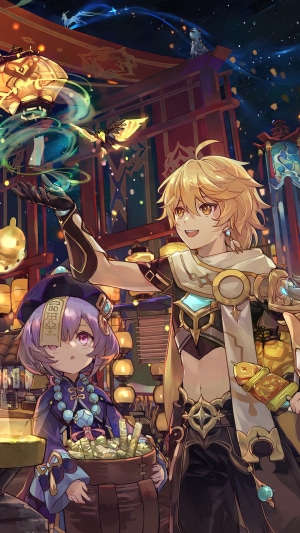 Aether and Qiqi from Genshin Impact at a Lantern Festival