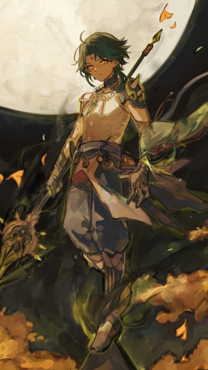 Xiao from Genshin Impact with a spear