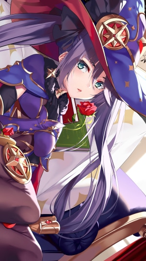 Mona from Genshin Impact holding a red rose