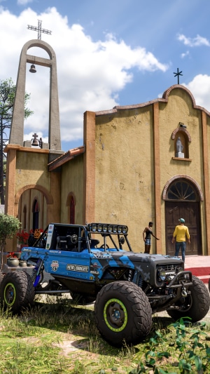 Forza Horizon 5 off-road vehicle in front of church