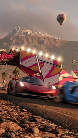 Forza Horizon 5 racing cars with hot air balloon and mountain