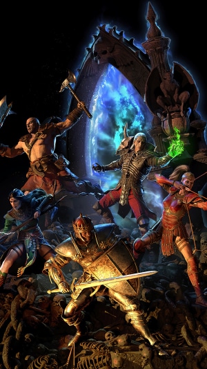 Diablo II Resurrected characters in front of a portal