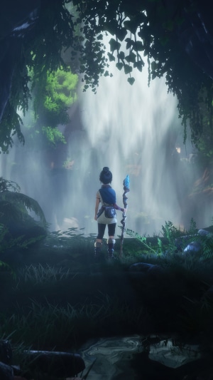 Kena from Kena: Bridge of Spirits by a waterfall