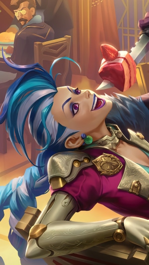 Jinx from League of Legends with a cake