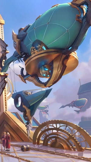Airships over a city in Legends of Runeterra